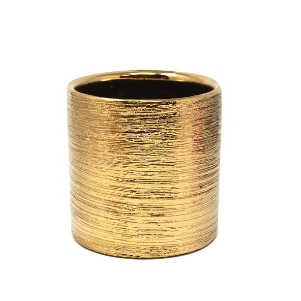 Gold 8-Inch Scratched Wide Round Cylinder Ceramic Pot